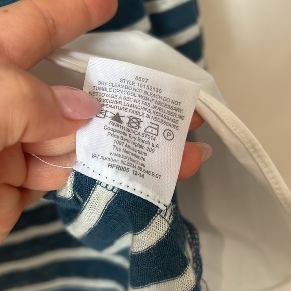 Tory Burch linen jersey pullover blue peninsula striped mixed fabric sz small - Picture 8 of 9